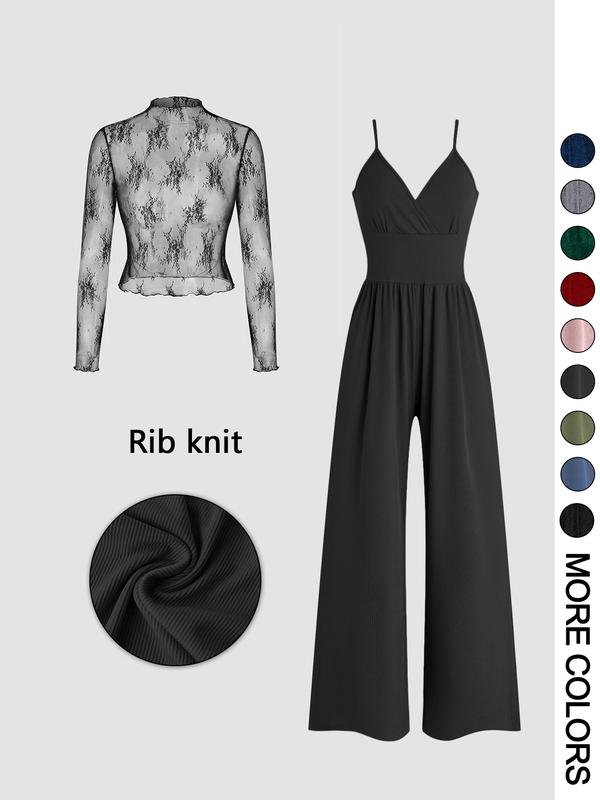 Miryam - Solid Color Lace Tee & Pocket Jumpsuit Set for Spring & Fall