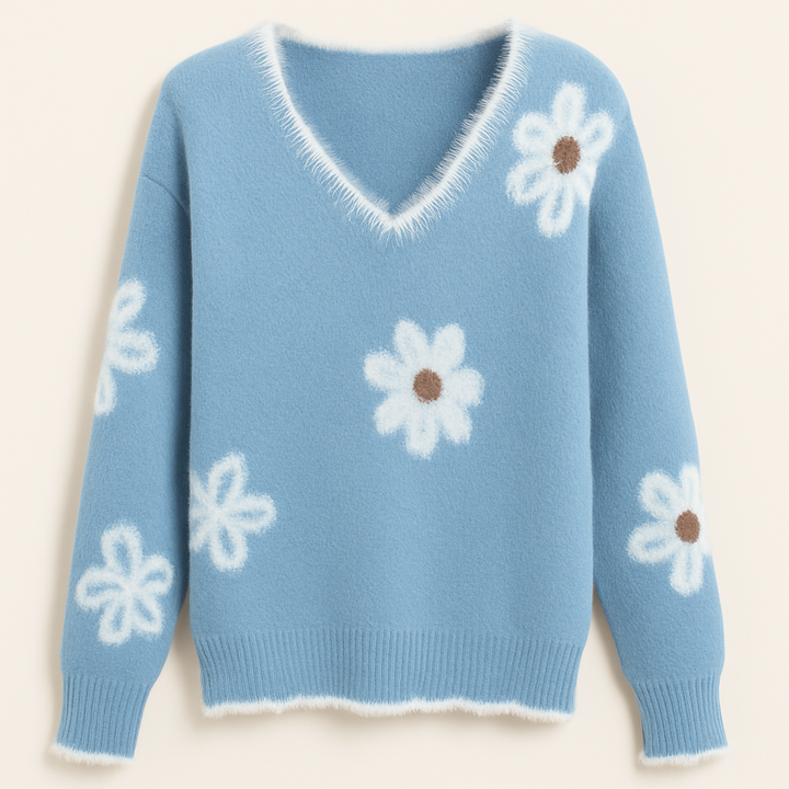 The Floravine – Elegant V-Neck Floral Sweater
