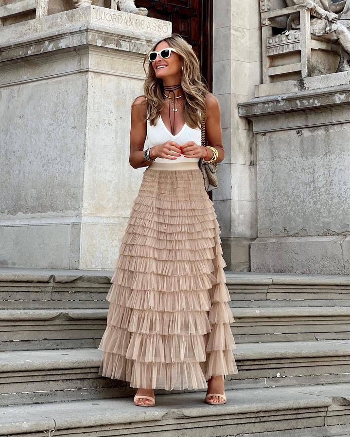 Flowy Layered Mesh Midi Skirt