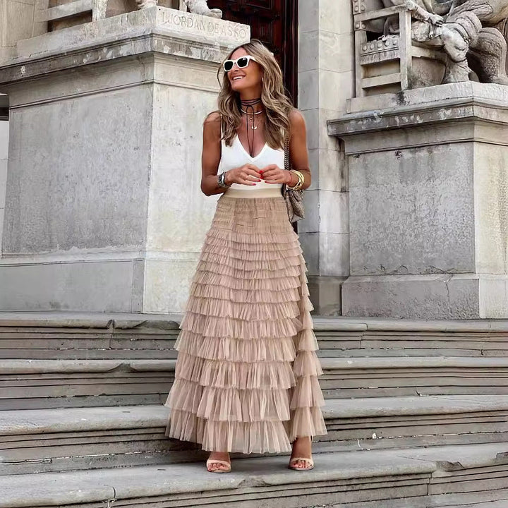 Flowy Layered Mesh Midi Skirt