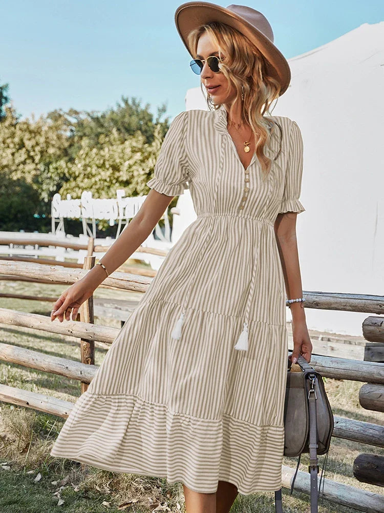 Elodie | Striped Tassel Midi Dress