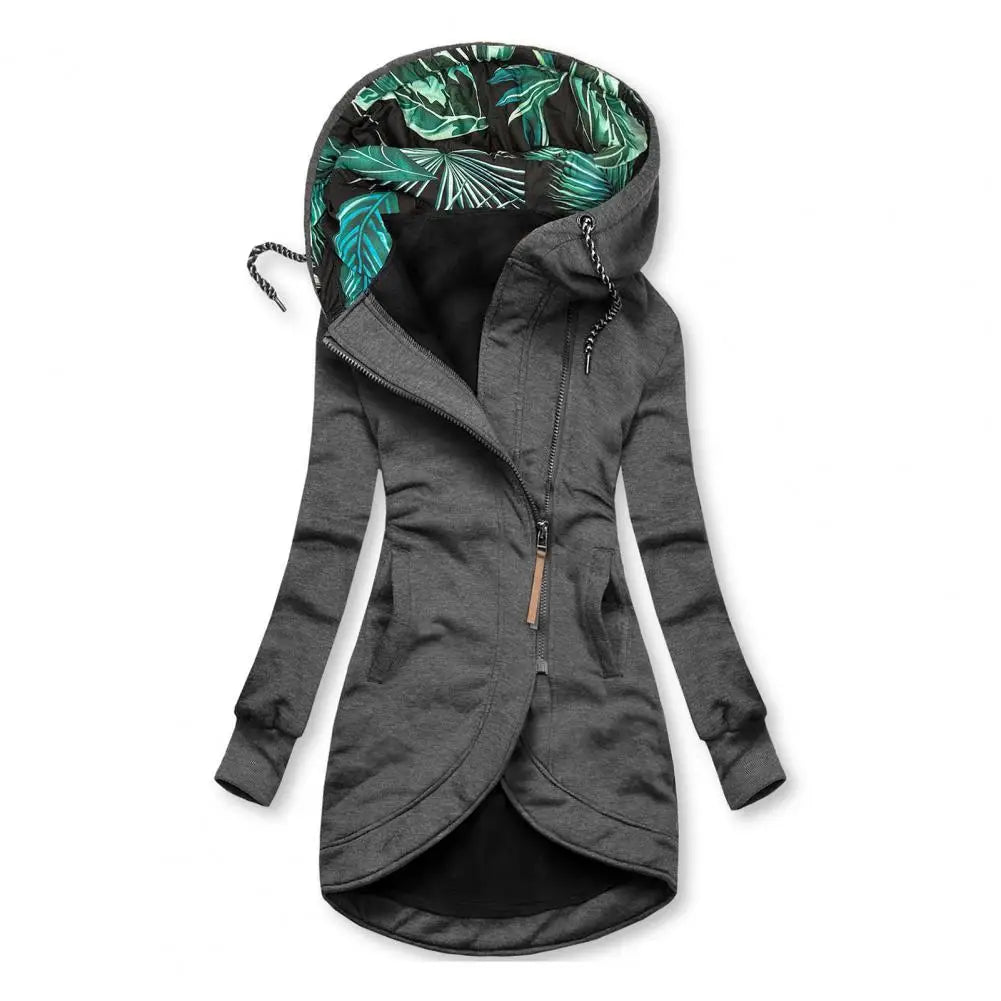 Premium Leaf Print Casual Coat with Hoodie