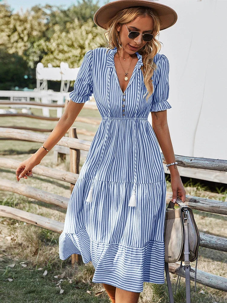 Elodie | Striped Tassel Midi Dress