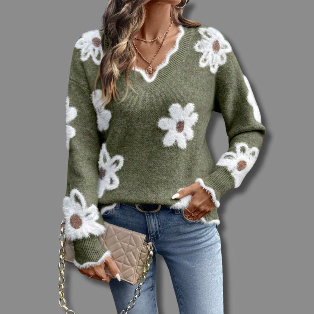 The Floravine – Elegant V-Neck Floral Sweater