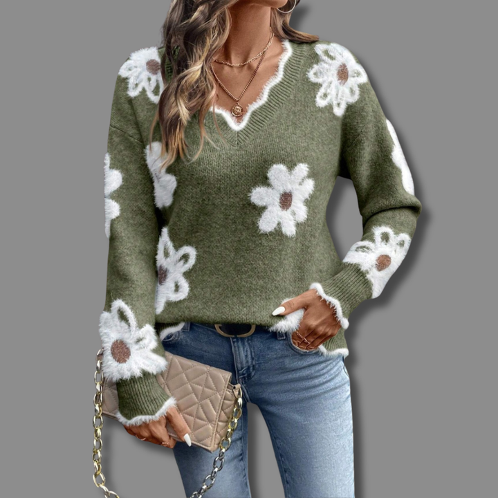 The Floravine – Elegant V-Neck Floral Sweater