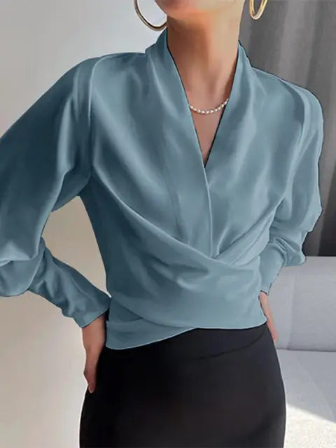 V-Neck Women's Blouses with Puff Sleeves