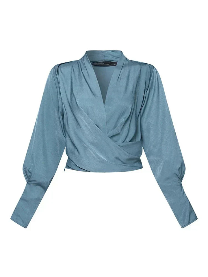 V-Neck Women's Blouses with Puff Sleeves