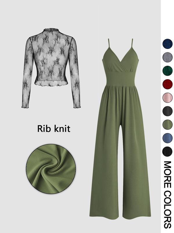 Miryam - Solid Color Lace Tee & Pocket Jumpsuit Set for Spring & Fall